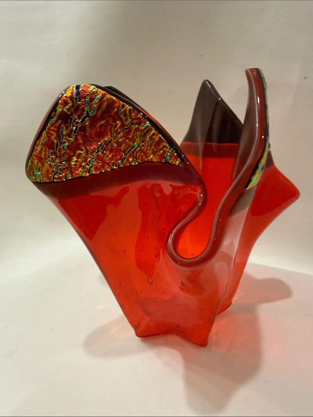 Vibrant Red Handblown Glass Sculpture Vase Dichroic Ruffle Hankerchief